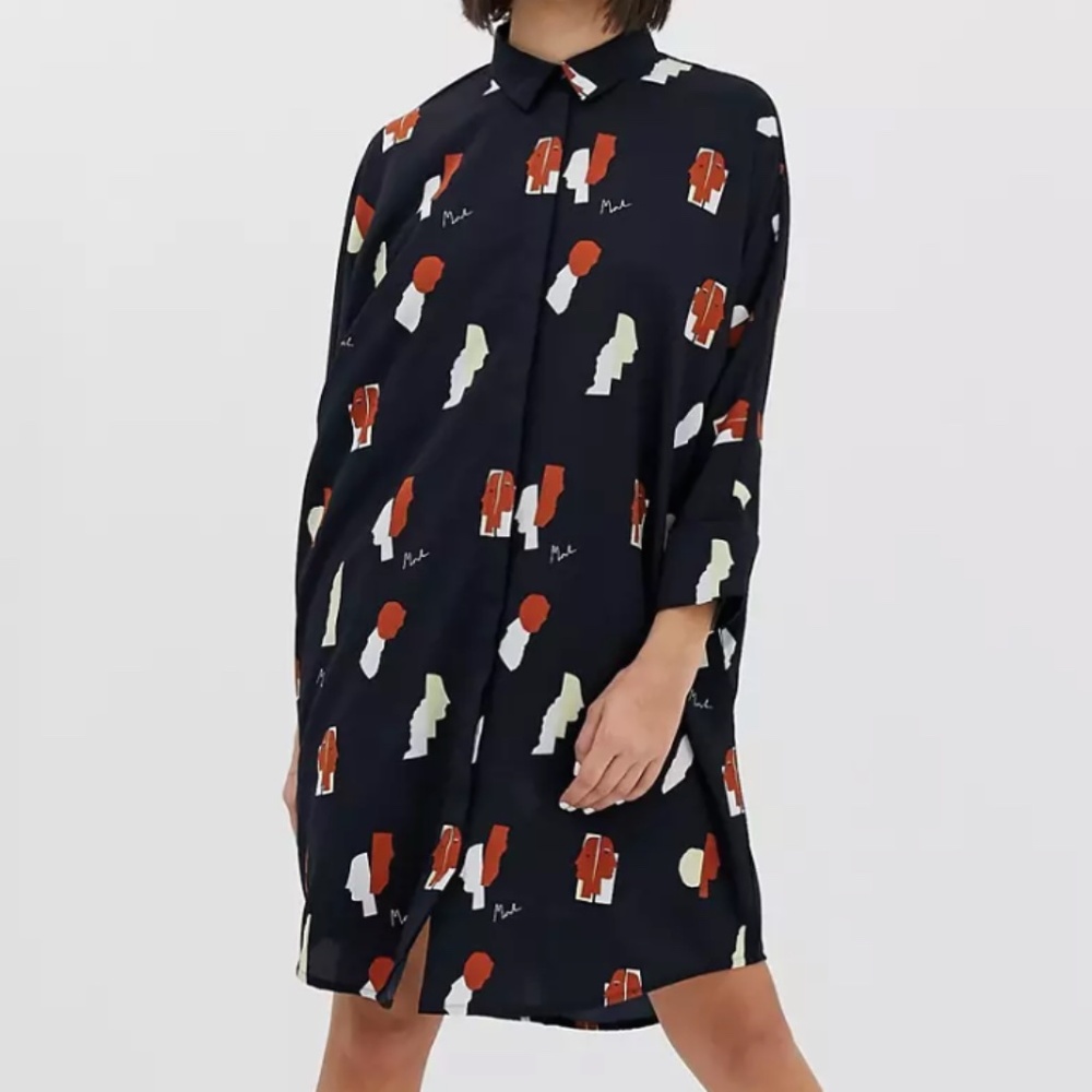 Monki Oversized Collar Button Up Shirtdress with Faces in Navy Size XS - Picture 9 of 9